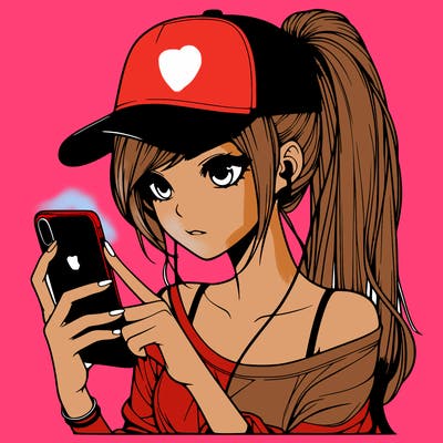 realistic girl with a long ponytail and trucker hat holding an iphone