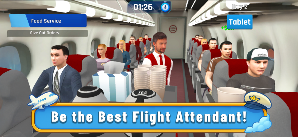 Cabin Crew Simulator - A flight attendant serving passengers drinks and food from a cart in an airplane cabin during gameplay.