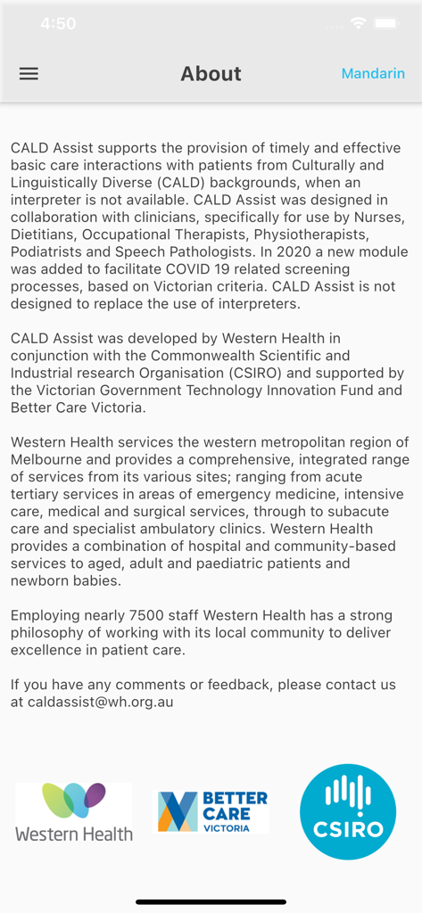 CALD Assist - La pantalla 'Acerca de' de la aplicación CALD Assist que explica su propósito para los médicos y muestra los logotipos de socios como CSIRO y Western Health.