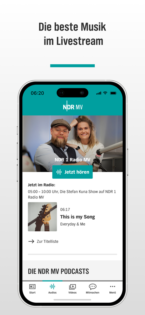NDR Mecklenburg-Vorpommern - NDR Mecklenburg-Vorpommern app audio player screen showing live radio stream and current song info