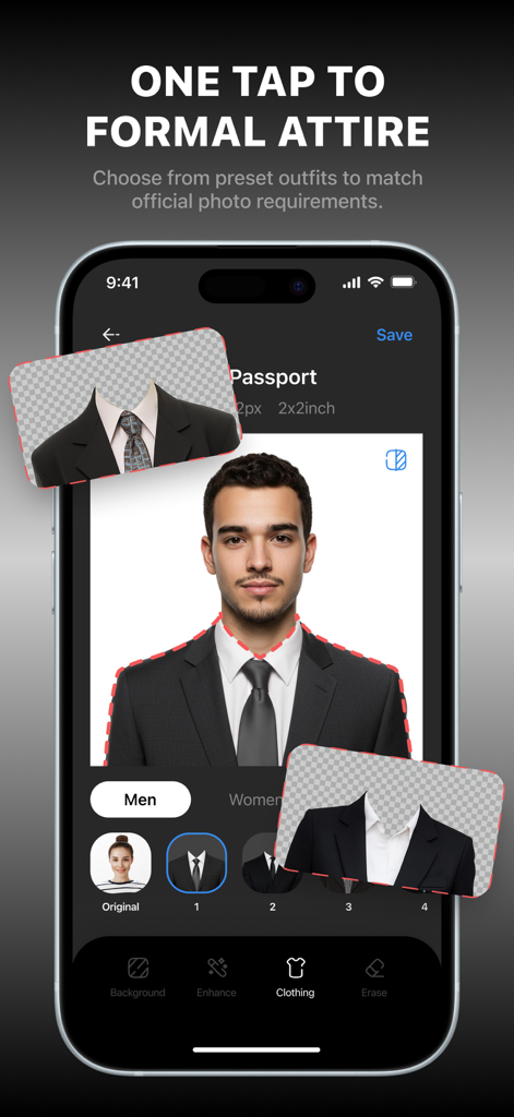 Passport & Visa Photo Maker ID - A mobile app screen showing the digital clothing swap feature to add a formal suit to an ID photo