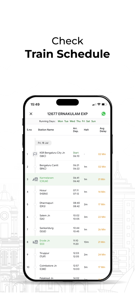 Una interfaz móvil que muestra el horario del tren Ernakulam Express con una lista de estaciones, horarios de llegada y retrasos promedio.