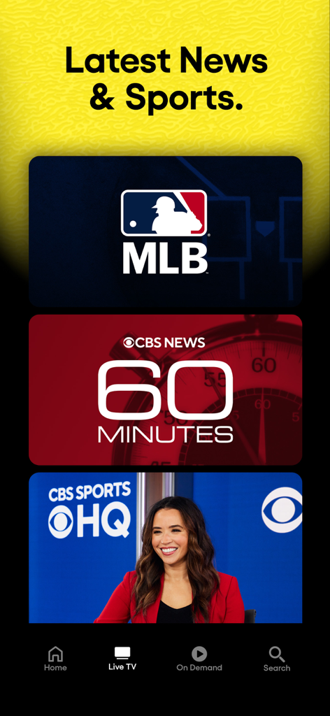 Pluto TVアプリに、MLBやCBSニュースなどのニュースおよびスポーツチャンネルが表示されています。