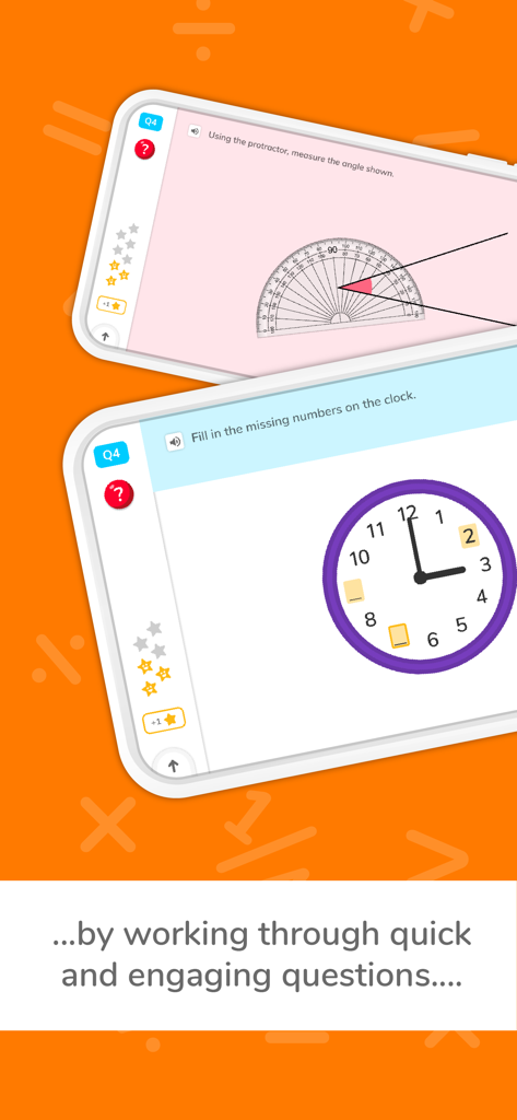 DoodleMath: Elementary Math - DoodleMath app interface showing interactive math questions about measuring angles and telling time