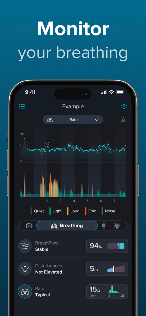 SnoreLab app interface displaying breathing analysis with BreathFlow stability metrics and disturbances tracking.