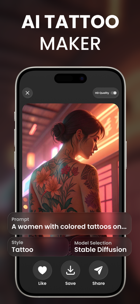 Raphael: AI Image Generator - Smartphone screen showing the Raphael AI Tattoo Maker interface with a generated floral tattoo design on a woman back