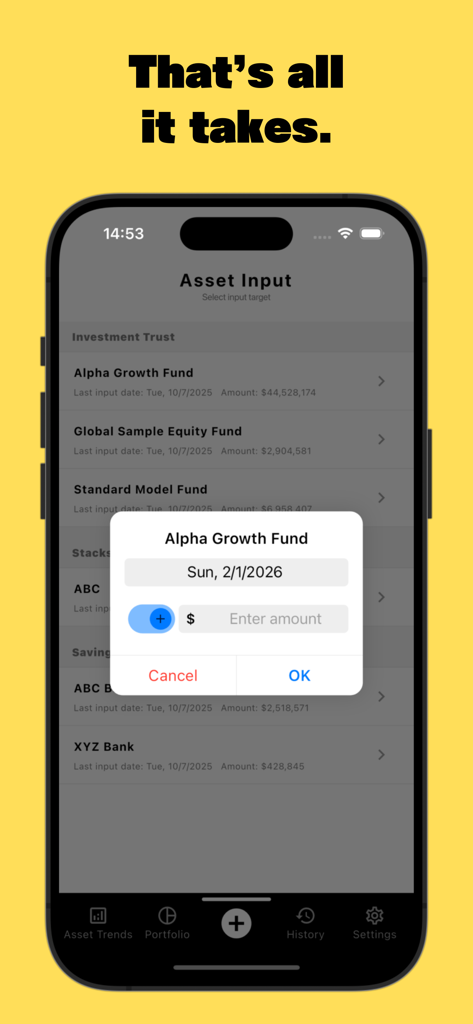 OneMoney Asset&401(k)&IRA - A mobile interface showing a simple popup for manual asset entry in the OneMoney portfolio tracking app