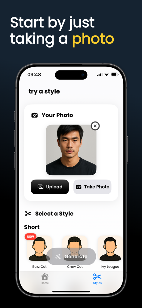 Interface of the hano.ai app showing the photo upload step and hairstyle selection for AI-powered hair try-on.