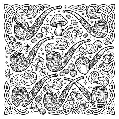 Step into the whimsical world of St. Patrick's Day with this charming coloring page, filled with intricate Leprechaun Pipes and lucky shamrocks. Explore a rich tapestry of Celtic designs and golden details, perfect for adding a touch of Irish magic to your coloring collection.