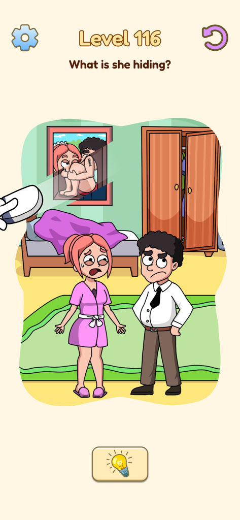 레벨 116을 위해 지우개가 창문에 숨겨진 남자를 드러내는 모바일 퍼즐 게임 스크린샷.