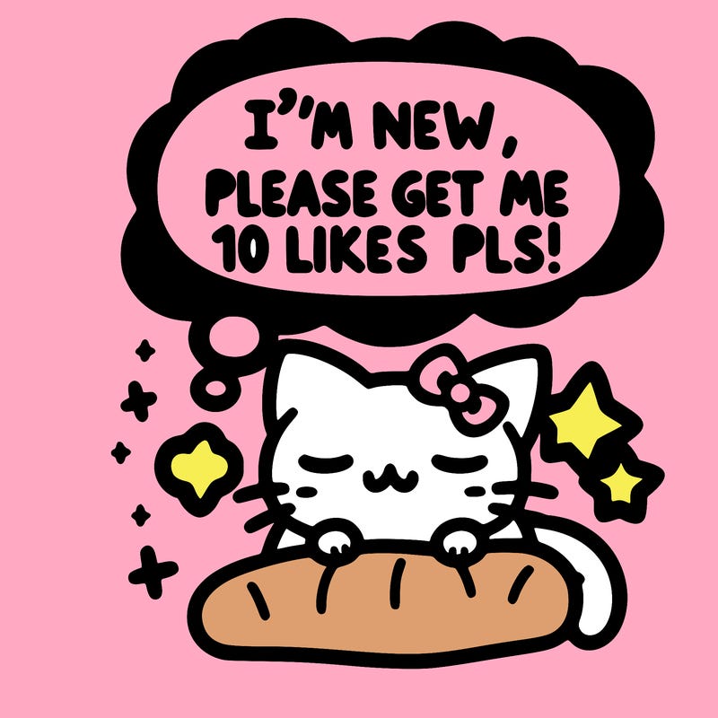 kitty taking a nap dream talking and saying "i'm new, please get me at least 10 likes pls!!"