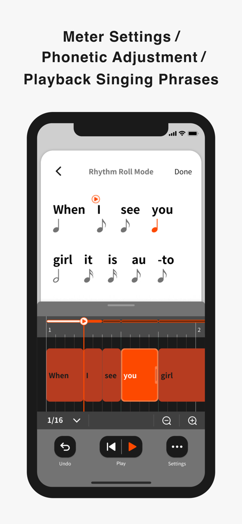 Lyric Creator - Una captura de pantalla de la aplicación Lyric Creator que muestra la interfaz del Modo Rhythm Roll para ajustar el tiempo y el compás de las frases vocales