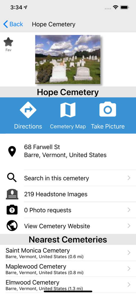 BillionGraves - BillionGraves app screen displaying cemetery information and nearby locations