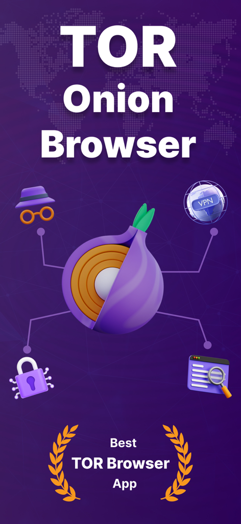 TOR Browser ~ Onion Browser - Interfaz de la aplicación Navegador Onion TOR que muestra navegación privada y funciones de seguridad