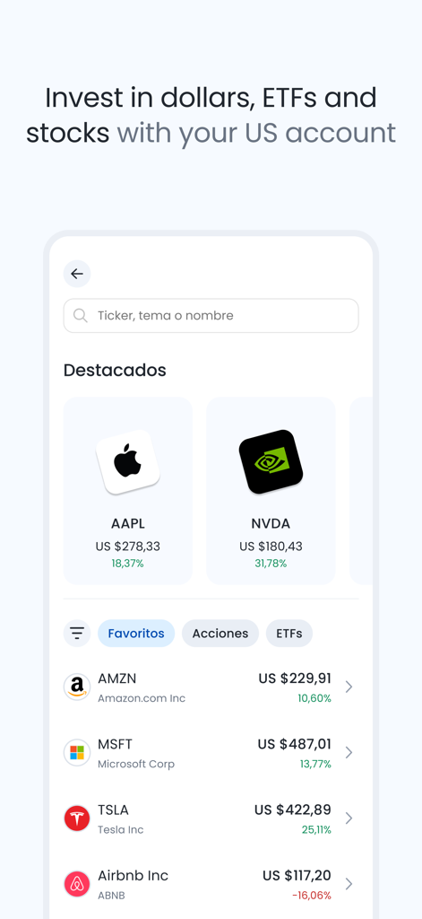 Fintual: Invierte y ahorra - Fintual App-Oberfläche zeigt US-Aktienmarkt-Investitionsmöglichkeiten wie Apple und Nvidia