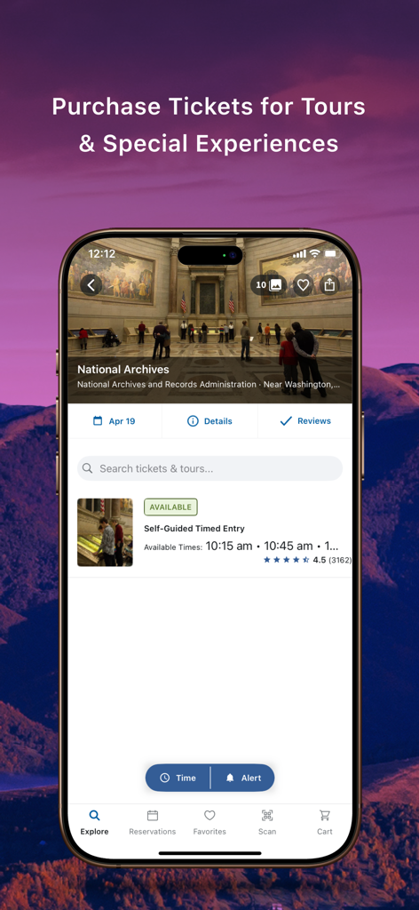 Mobile app interface of Recreation.gov showing ticket booking for a self-guided timed entry tour at the National Archives