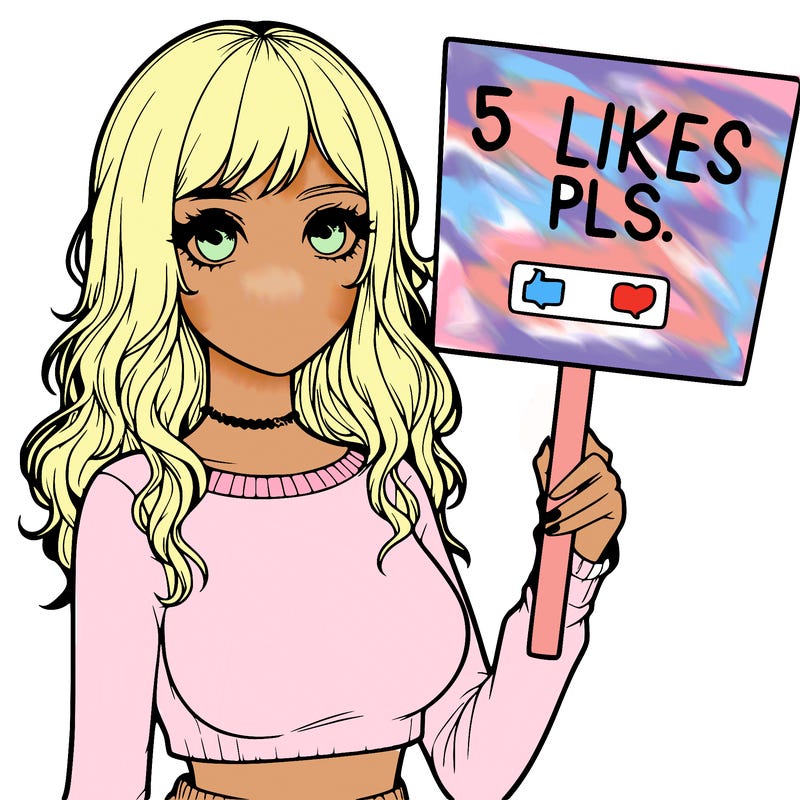 realistic girl by a sign that says 5 likes pls