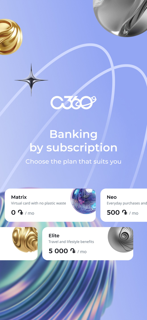 Converse Mobile - Converse Mobile app interface showing different C360 banking subscription tiers including Matrix, Neo, and Elite plans.