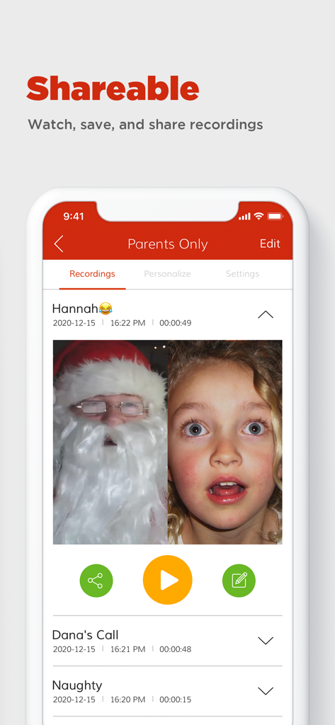 Video Call Santa - Screenshot of the Video Call Santa app showing the Parents Only section with saved video call recordings of Santa talking to a child.