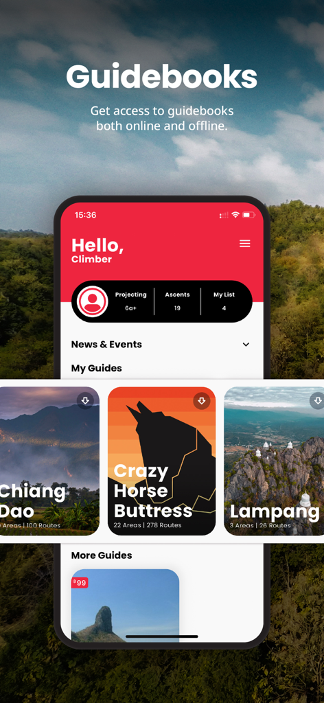 CragFinder by Progression - Interfaz de la aplicación móvil que muestra guías de escalada para varias regiones en Tailandia