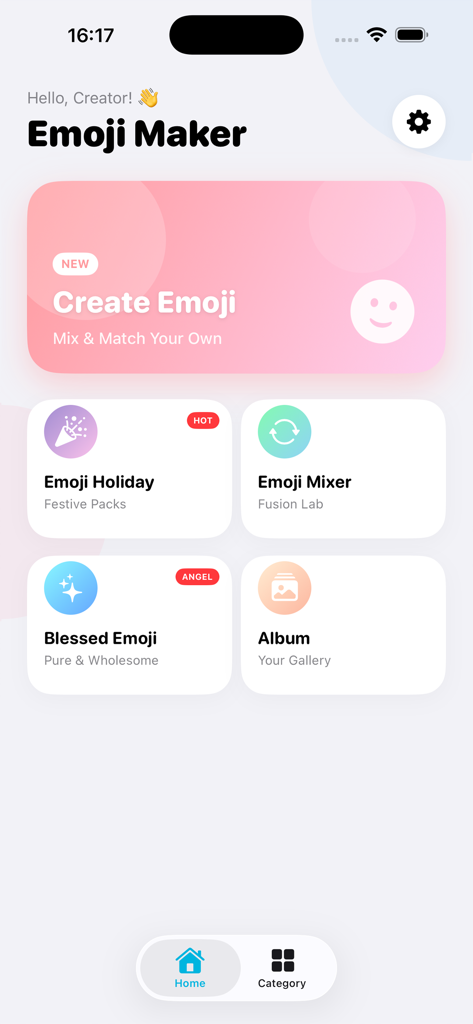 Emoji Maker - Personal Creator - Home screen of the Emoji Maker app featuring options to create custom emojis browse sticker packs and access the emoji mixer