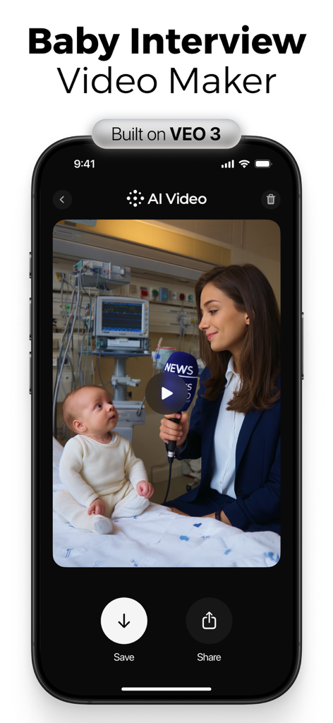 A mobile app screenshot showing an AI-generated video of a reporter interviewing a baby in a hospital setting with options to save and share.