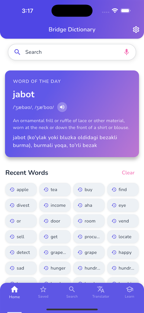 Home screen of the Bridge Dictionary app showing the word of the day jabot with English and Uzbek definitions