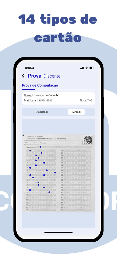 Multiprova Corretor - A smartphone displaying the Multiprova Corretor app interface with a scanned multiple-choice answer sheet and student results