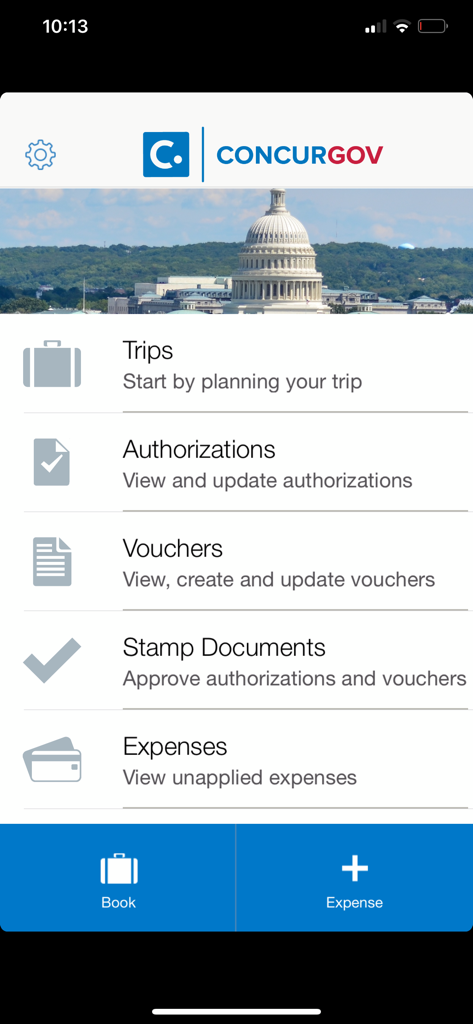 ConcurGov app main menu showing options for managing government trips authorizations and vouchers