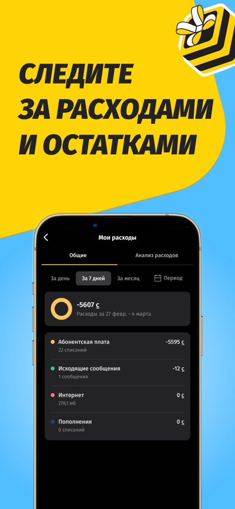 Мой Beeline KG - My Beeline KGアプリのモバイル画面、詳細な支出履歴とモバイル番号の残高を表示