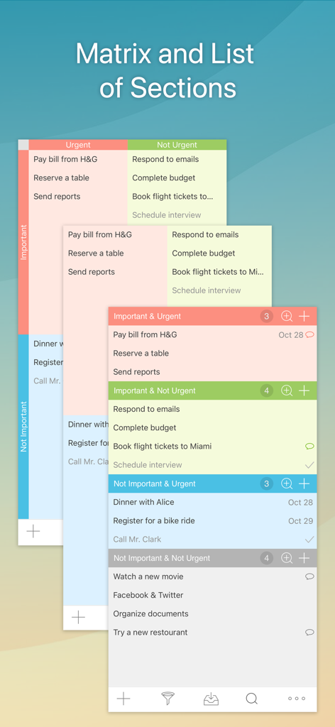 Focus Matrix app displaying the Eisenhower Matrix view and a list of sections for task prioritization.