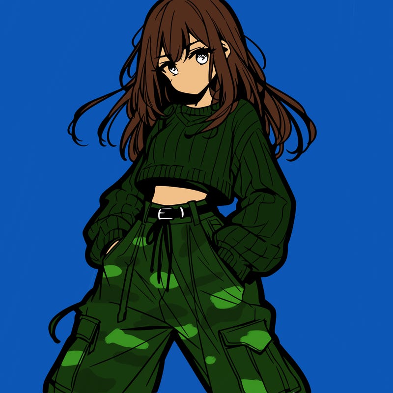 anime teen girl with baggy pants and crop top with sweater