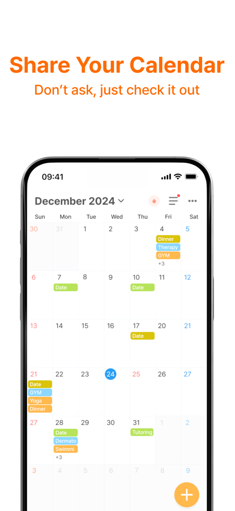 Signaling: Calendar for Couple - Um smartphone exibindo um calendário compartilhado mensal com rótulos codificados por cores para atividades do casal, como encontros e sessões de ginástica.