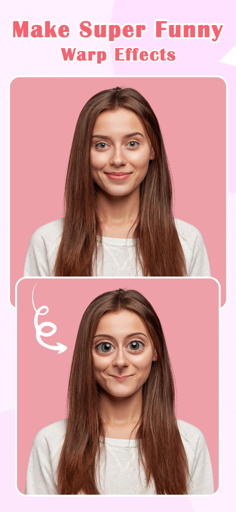 A before and after comparison of a woman using a funny face warp filter to enlarge her eyes