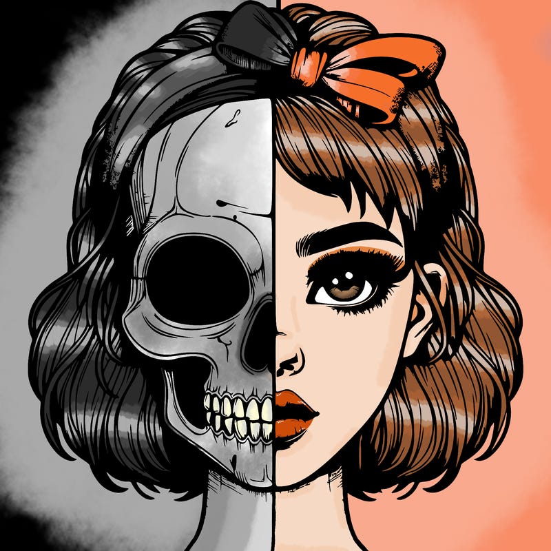 realistic girl with half skull mask