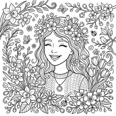 Welcome the vibrant spirit of spring with this delightful digital portrait featuring a joyous girl amidst a profusion of flowers. This intricately designed coloring page captures the essence of renewal and natural beauty, ready for your creative touch.