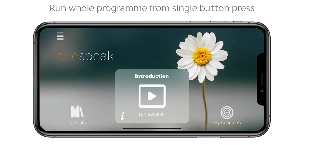 Interfaz de la aplicación de logopedia Cuespeak en un smartphone que muestra un único botón para iniciar una sesión de rehabilitación.