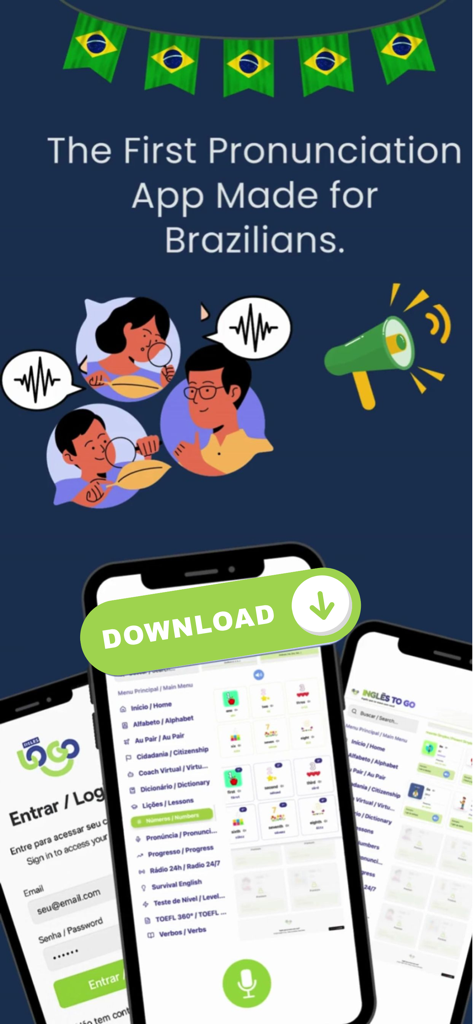 English to Go APP - English to Go app interface with pronunciation lessons and survival English courses for Brazilian speakers