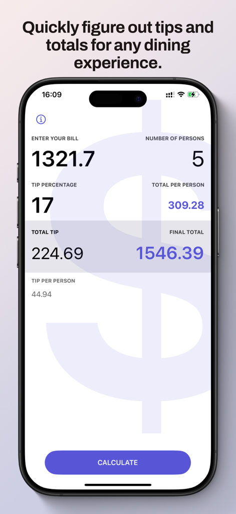 Tipio app screen showing calculated tip and bill split for a group dining experience