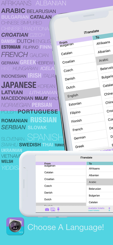 iTranslator - Photo To Text - Interface of the iTranslator app showing a list of languages to choose from for translation including English and Arabic