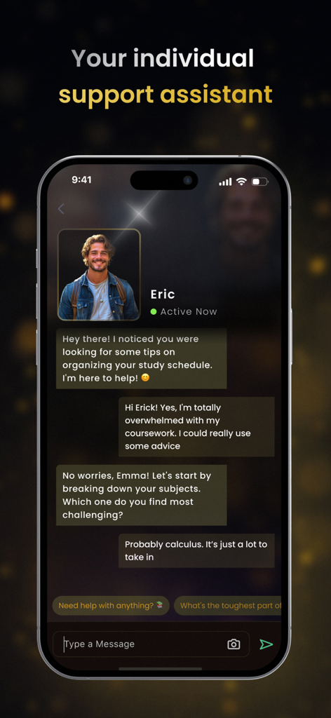 Chat with AI Friend - Chatbot - A screenshot of the Chat with AI Friend app showing a conversation with an AI support assistant named Eric about study scheduling.