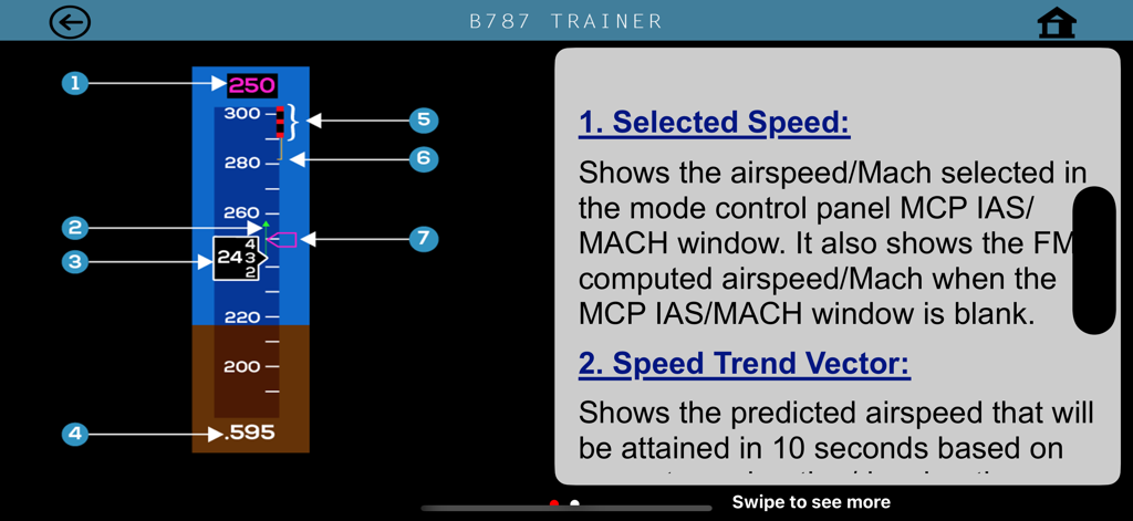 B787 Cockpit Pilot Trainer - Technical diagram of a B787 airspeed indicator tape with numbered labels and detailed pilot training explanations.