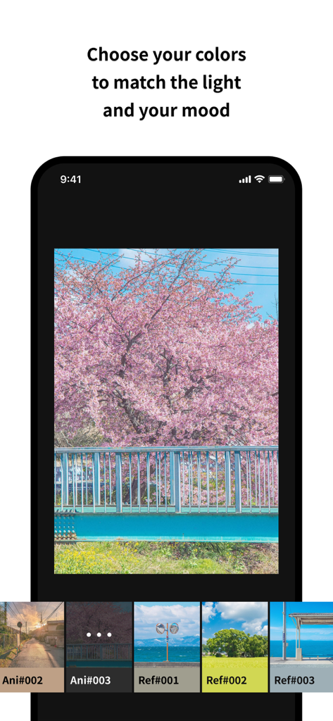 bluefie - Shota’s Anime camera - A screenshot of the bluefie app showing a cherry blossom photo being edited with a selection of anime-inspired filters.