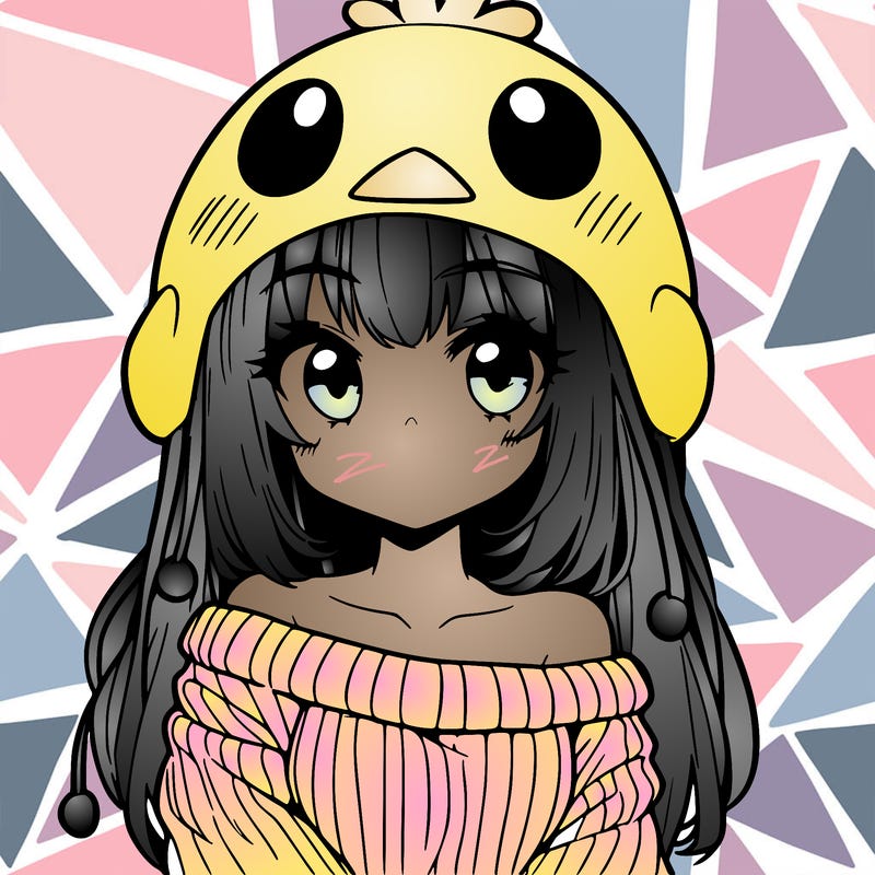 anime girl with chick shaped hat with sweater with bare shoulders with bangs covering them one eye with low tail