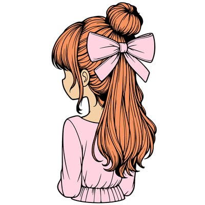 realistic girl  with hip length hair a bun and a big bow on the back of head