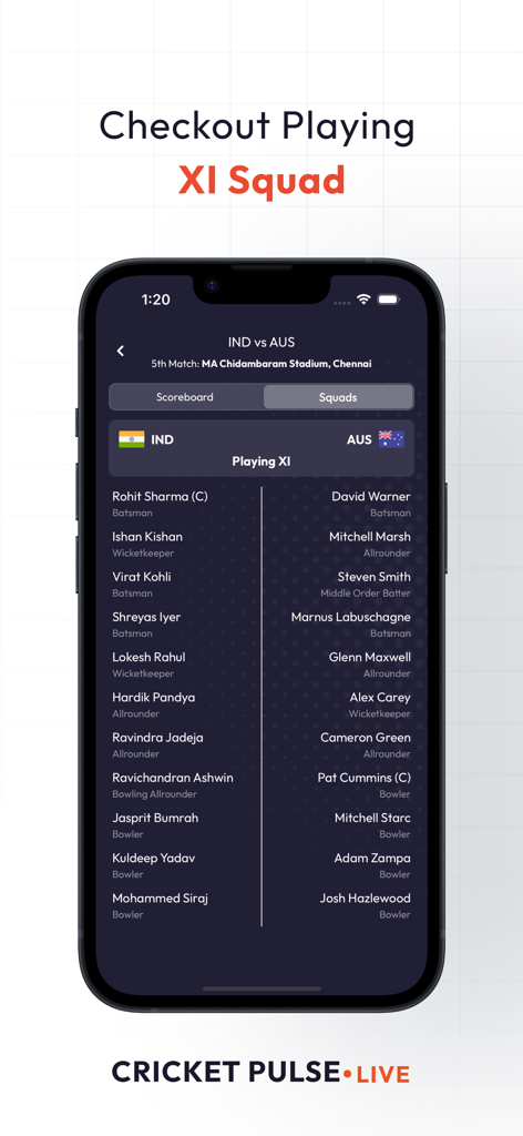 Cricket Pulse - Live Scores - Cricket Pulse app interface showing the playing XI squad for India vs Australia match