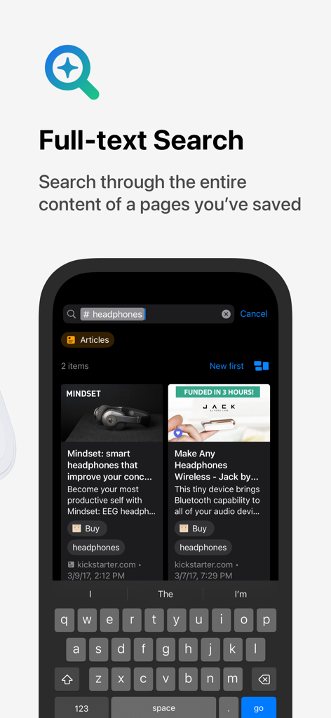 ヘッドフォンの検索結果を表示する、Raindrop.ioブックマークアプリの全文検索機能のスクリーンショット