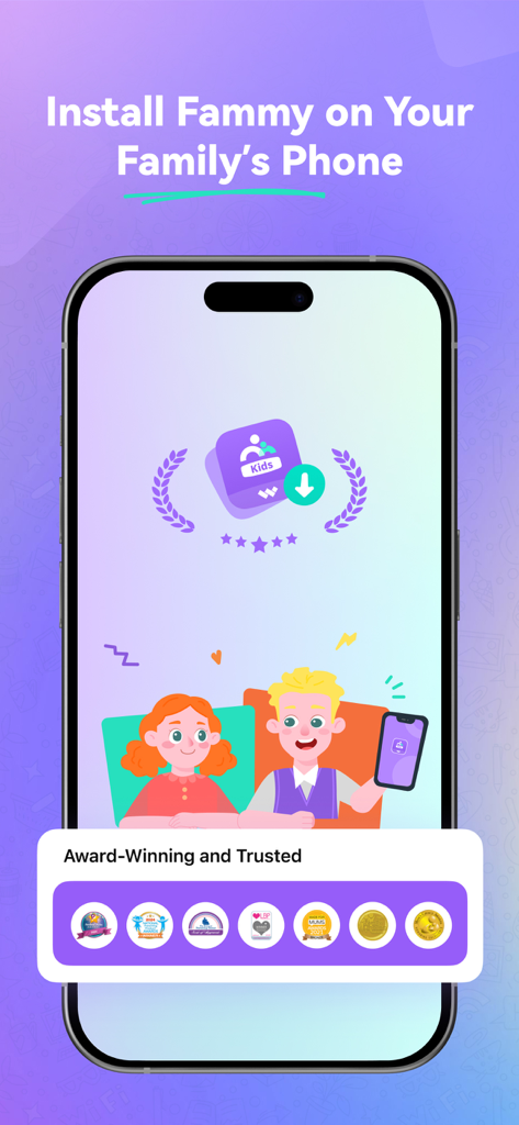 Fammy - Blocksite - Captura de pantalla de la aplicación Fammy mostrando instrucciones de instalación para teléfonos familiares y distintivos de premios por seguridad parental