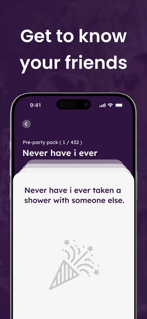 Never Have I Ever ~ Dirty Game - Pantalla de smartphone que muestra una tarjeta de pregunta del juego sucio Never Have I Ever para conocer amigos