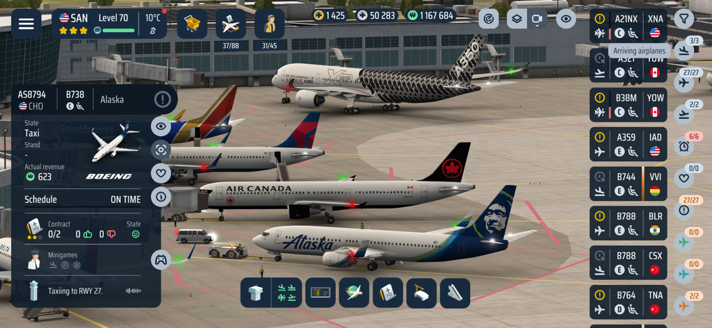 Gameplay screenshot of World of Airports showing realistic aircraft at gates and the management interface